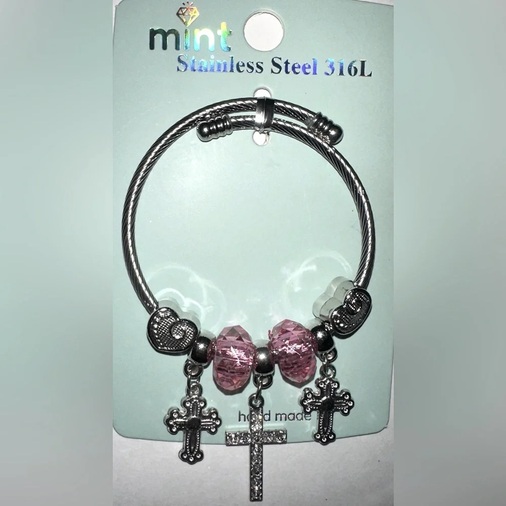 Mint Stainlees Steal Charm Bracelet with Divinity Cross, Hearts and Beads.